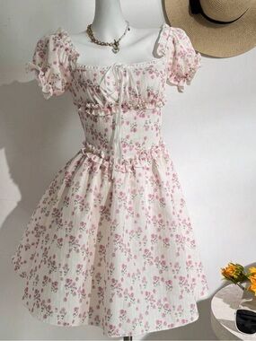 Puff Sleeve Sweetheart Babydoll Florals Mini Dress Roses SIZE M